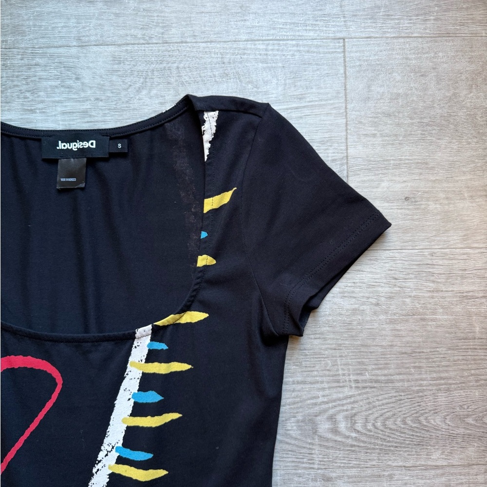 Desigual Arty A-line Short Sleeves Square Neck Black Dress Size S Heart Artsy - Picture 5 of 9